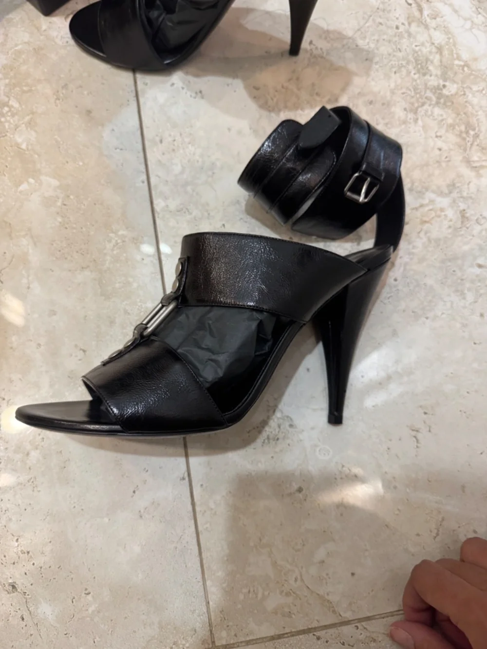 Saint Laurent Paris Black Leather Ankle Strap Stiletto Heels